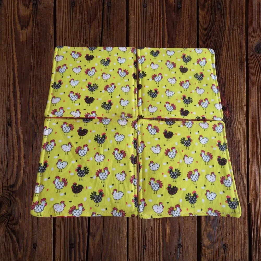 Fabric Coasters, Set Of 4,  Chicken Reversible Red and White Polka Dot Mug Rugs